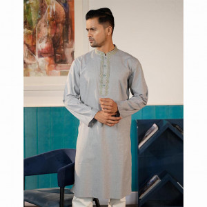 Grey Cotton Embroidered Panjabi