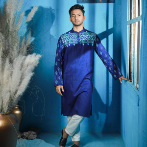 Navy Blue Cotton Printed Panjabi