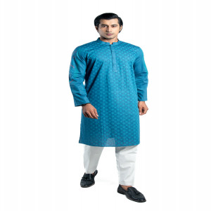 Teal Blue Cotton Printed Panjabi