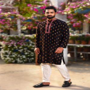 Black Linen Printed & Embroidered Panjabi