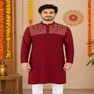 Maroon Linen Printed Panjabi