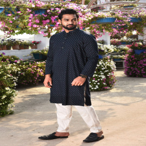 Dark Navy Blue Voile Printed Panjabi