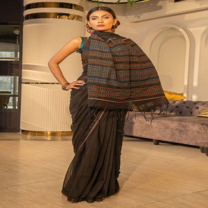 Black Cotton Hand Embroidered Saree