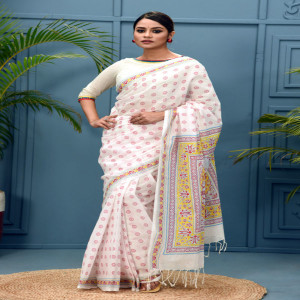 White Cotton Printed Saree