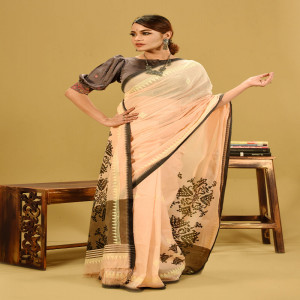 Coral Peach Cotton Printed Saree