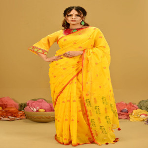 Corn Yellow Cotton Printed Saree