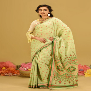 Pistachio Green Cotton Printed Saree