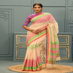 Peanut Coloured Cotton Printed Saree