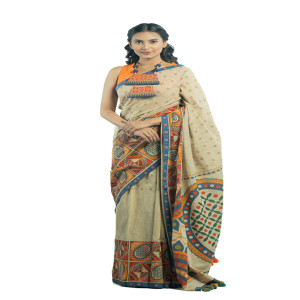 Brown Cotton Printed Saree