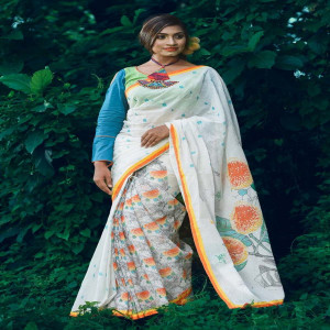 White Half Silk Printed Saree