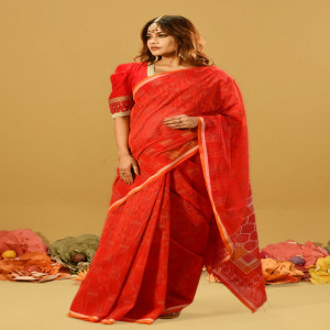 Red Cotton Printed Saree