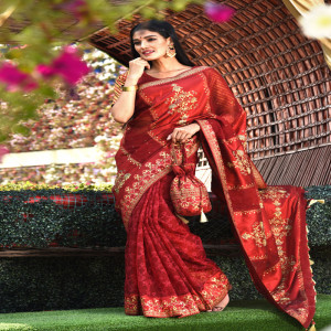 Maroon Dupion Silk Printed & Karchupi Ornamented Saree
