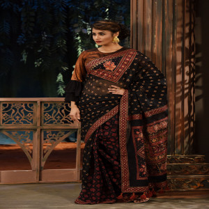 Black Half Silk Printed Saree