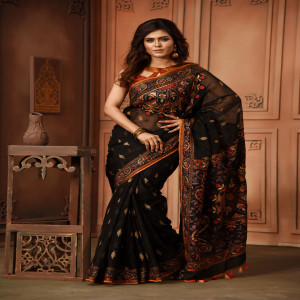 Black Half Silk Printed & Hand Embroidered Saree
