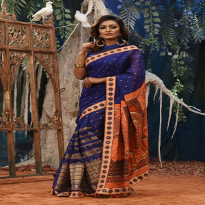 Blue Half Silk Printed & Embroidered Saree
