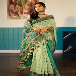 Parrot Green Half Silk Printed Saree
