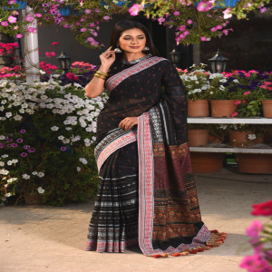Black Half Silk Printed & Embroidered Saree
