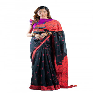 Black Half Silk Printed & Hand Embroidered Saree