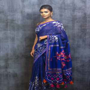 Navy Blue Half Silk Printed & Embroidered Saree