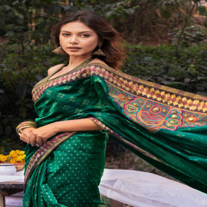 Calypso Green Half Silk Printed & Embroidered Saree