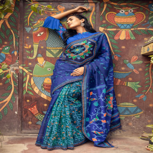 Navy & Teal Blue Half Silk Saree with Print & Embroidery