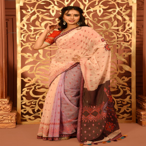 Salmon Pink Half Silk Saree with Print & Embroidery