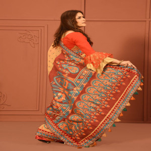 Golden Half Silk Saree with Print & Embroidery
