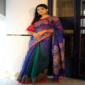 Navy Blue Half Silk Printed Saree