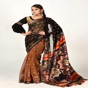 Black Half Silk Saree with Print & Embroidery