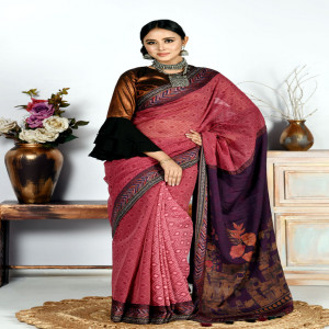 Mauve Pink Coloured Half Silk Printed Saree