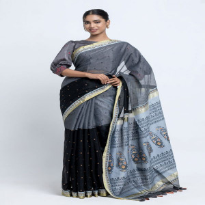 Black & Ash Half Silk Printed Saree