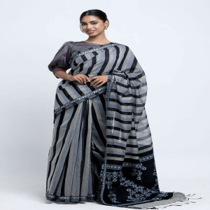 Black & Ash Half Silk Printed Saree