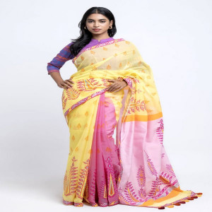 Pastel Yellow Half Silk Printed Saree