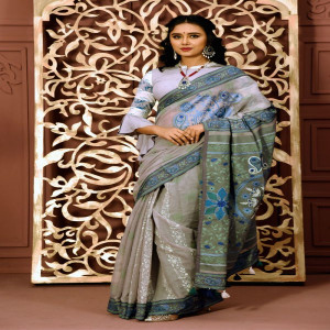 Grey Half Silk Printed & Hand Embroidered Saree
