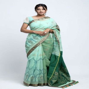 Lucite Green Half Silk Printed Saree