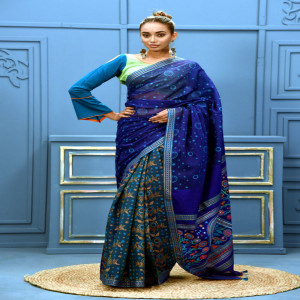 Navy Blue Half Silk Printed & Embroidered Saree