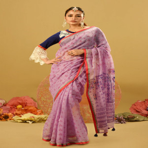 Lavender Half Silk Printed Saree