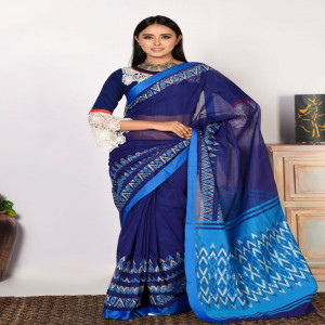 Navy Blue Half Silk Printed Saree