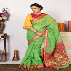 Chilli Green Half Silk Printed & Embroidered Saree