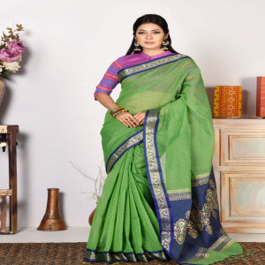 Light Green Half Silk Printed & Embroidered Saree