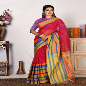Magenta Half Silk Printed & Embroidered Saree