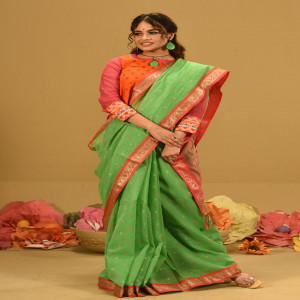 Parrot Green Half Silk Printed Saree