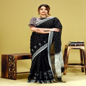 Black Half Silk Printed & Hand Embroidered Saree