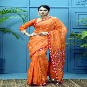 Orange coloured Half Silk Printed Saree