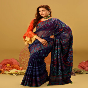 Navy Blue Half Silk Printed & Embroidered Saree