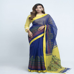Navy Blue Half Silk Printed & Embroidered Saree