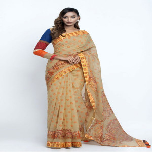 Peanut Brown Half Silk Printed Saree