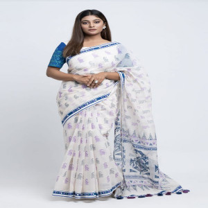 Off-White Half Silk Printed Saree
