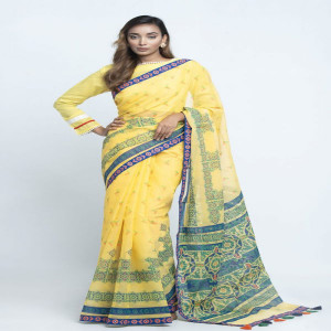 Yellow Half Silk Printed Saree