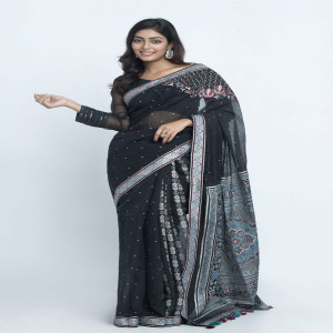 Black Half Silk Printed & Embroidered Saree